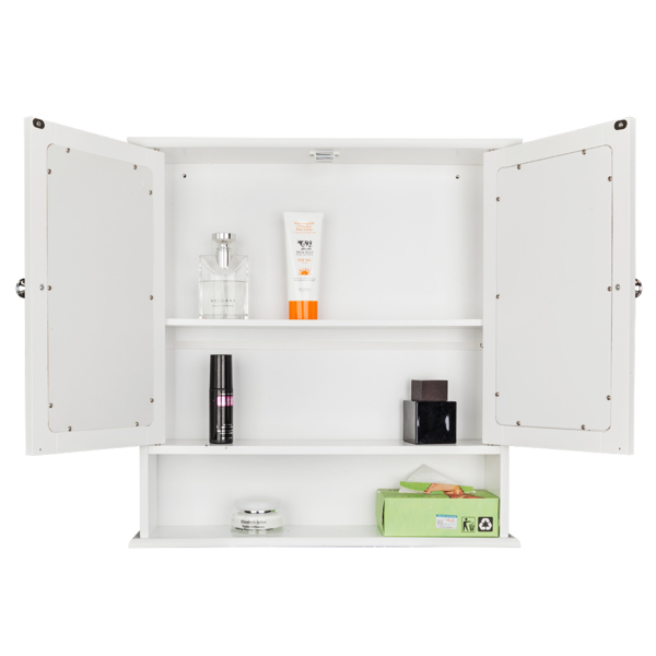 Double Door Mirror Indoor Bathroom Wall Mounted Cabinet Shelf White