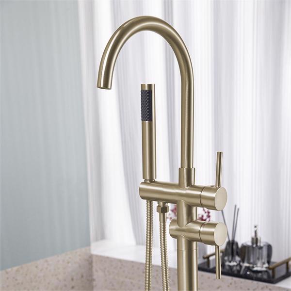 Floor Mount Bathtub Faucet Freestanding Tub Filler Brushed Gold Standing High Flow Shower Faucets with Handheld Shower Mixer Taps Swivel Spout