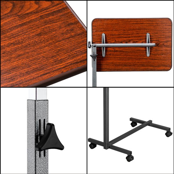 Multifunctional Adjustable Bedside Table MDF/Iron/4 Wheels With Brake, Dark Wood Grain Color 