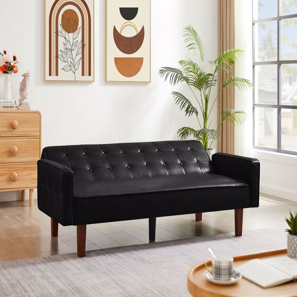 Black Convertible Double Folding Living Room Sofa Bed, PU Leather, Tufted Buttons，Removable Wooden Feet