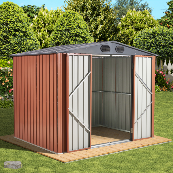 8 x 6 FT Outdoor Garden Galvanized Steel Storage Shed, Outside Metal Tool Storage House with Lockable Door for Patio, Backyard, Brown