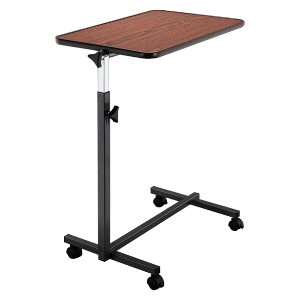 Multifunctional Adjustable Bedside Table MDF/Iron/4 Wheels With Brake, Dark Wood Grain Color 