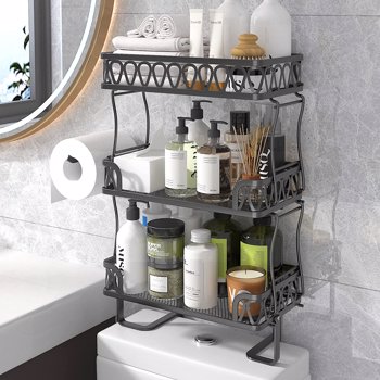 3 Tier Bathroom Over The Toilet Storage Shelf, Farmhouse Bathroom Storage Organizer with Toilet Paper Holder, Space Saver Black（No shipping on weekends）