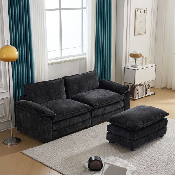 217*141*85 Chenille Two-Seater With Footstool Double Bag Indoor Double Sofa Black