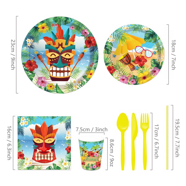 Hawaiian Paper Plates Birthday Party Leaf Flower Plates and Napkins Party Supplies Baby Shower Theme Cutlery Set Serves 8 Guests Dinnerware Kit Tableware for Plates, Napkins, Cup 68PCS