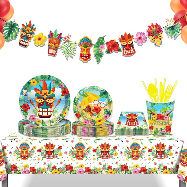 Hawaiian Paper Plates Birthday Party Leaf Flower Plates and Napkins Party Supplies Baby Shower Theme Cutlery Set Serves 8 Guests Dinnerware Kit Tableware for Plates, Napkins, Cup 68PCS