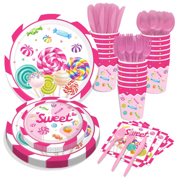 Lollipop Sweet Paper Plates Disposable Colorful Candy Party Supplies Happy Birthday Parties Festival Tableware Kit Serves 8 Guests for Kid Dinner Plates, Napkins, Cups, Knifes, Fork, Spoon 68PCS