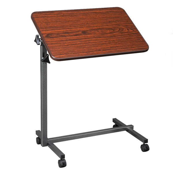 Multifunctional Adjustable Bedside Table MDF/Iron/4 Wheels With Brake, Dark Wood Grain Color 