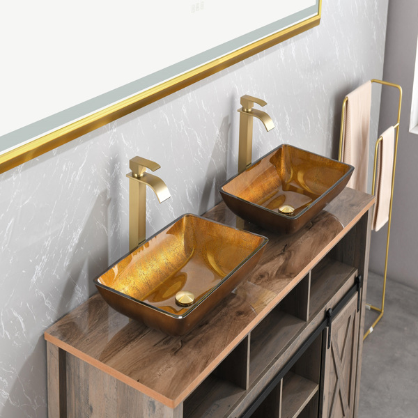 22.25" L -14.25" W -4.5" H Glass Rectangular Vessel Bathroom Sink in Gold  Set with gold Faucet and gold Pop Up Drain