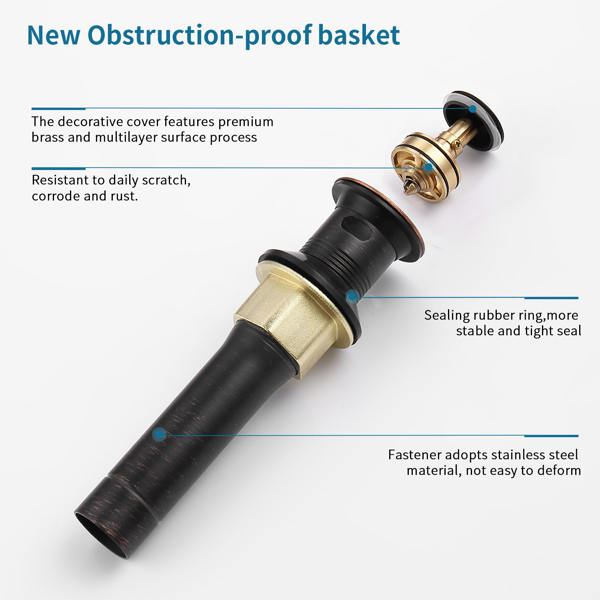 弹出式不锈钢排水管，带溢流防堵塞，用于容器水槽盥洗室洗手盆排水管，带有滤网篮，油布青铜【周末不发货，TK/TEMU订单仅支持自提】-4