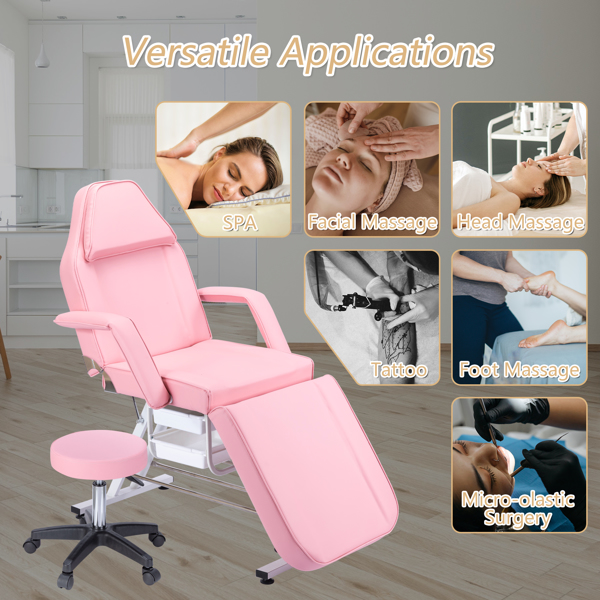 Massage Salon Tattoo Chair with Two Trays Esthetician Bed with Hydraulic Stool, Multi-Purpose 3-Section Facial Bed Table,  Adjustable Beauty Barber Spa Beauty Equipment, Pink