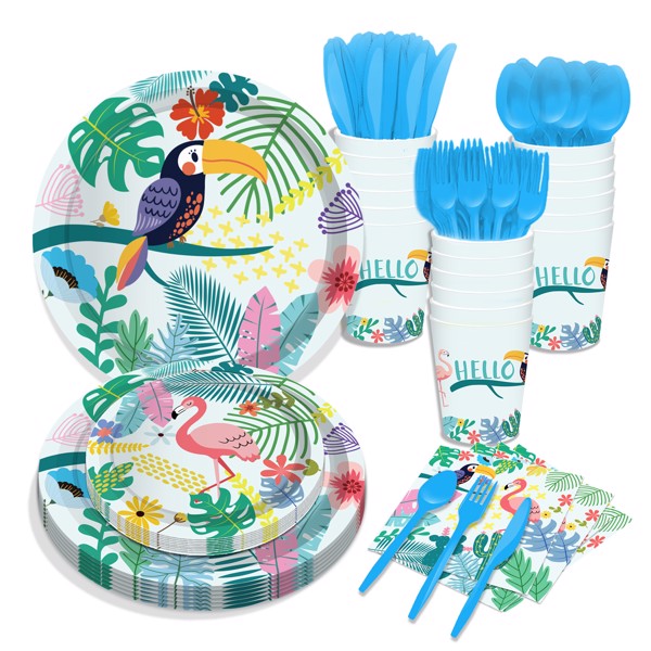 Hawaii Flamingo Paper Plates Party Supplies Toucan Tableware Birthday Party Floral Greenery Plants Theme Cutlery Set Disposable Dinnerware Dessert Plates Serves 8 Guests Napkins, Cups 68PCS