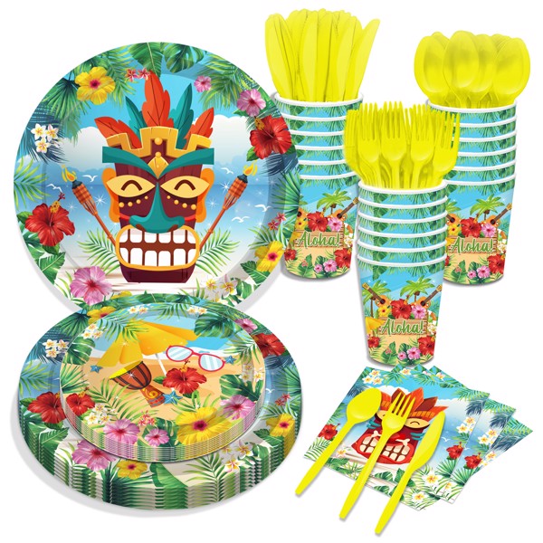 Hawaiian Paper Plates Birthday Party Leaf Flower Plates and Napkins Party Supplies Baby Shower Theme Cutlery Set Serves 8 Guests Dinnerware Kit Tableware for Plates, Napkins, Cup 68PCS