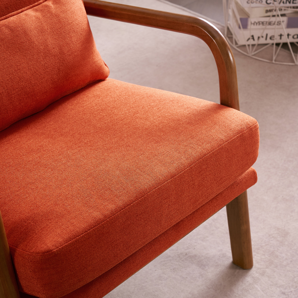 High Back Solid Wood Armrest Backrest Iron Frame Linen Indoor Leisure Chair Burnt Orange Color