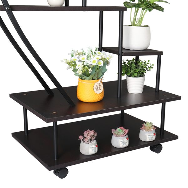   2pcs 6 Tiers Semicircular Iron Wood With Wheels Iron Planter Black