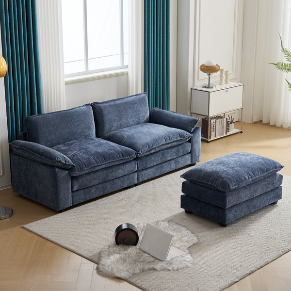 217*141*85 Chenille Two-Seater With Footstool Double Bag Indoor Double Sofa Gray Blue