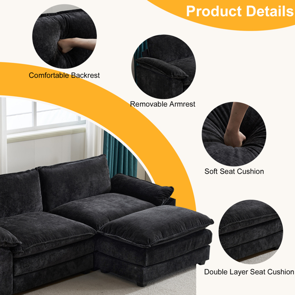217*141*85 Chenille Two-Seater With Footstool Double Bag Indoor Double Sofa Black