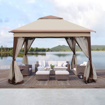 Outdoor 11 x 11 Ft 2-Tier Soft Top Pop up Gazebo Canopy with Removable Zipper Netting and 4 Sandbags,Coffee [Weekend can not be shipped, order with caution]