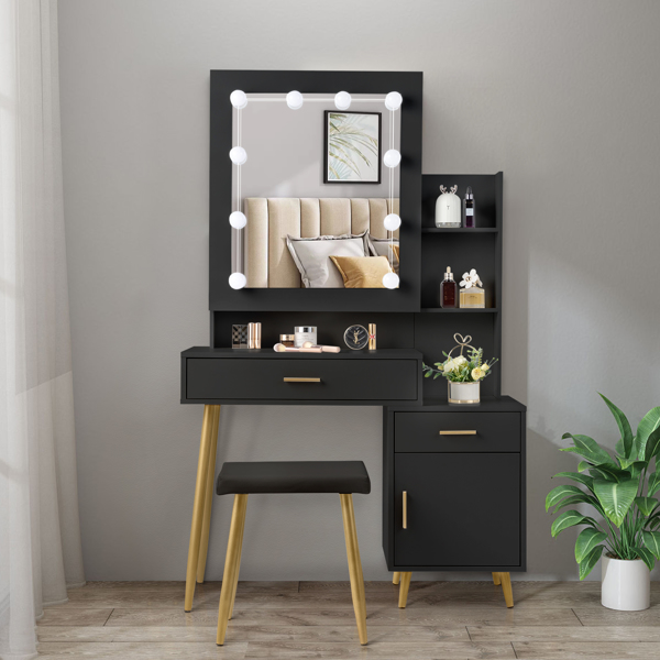  Particleboard Triamine Veneer 2 Drawers 1 Door 2 Shelves Mirror Cabinet 3 Light Bulbs Dressing Table Set Black