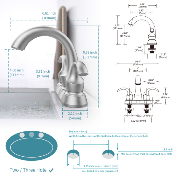 Bathroom Faucet 2-Handle Brushed Nickel with Aerator, Swan Style 4-inch Centerset Vanity Sink with Pop-Up Drain and Supply Hoses, FR4075-NP