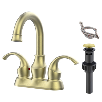 Bathroom Faucet 2-Handle Brushed Gold with 360 Degree Rotating Spout, Crescent Moon Style 4-inch Centerset Vanity Sink with Pop-Up Drain and Supply Hoses, FR4090-BG