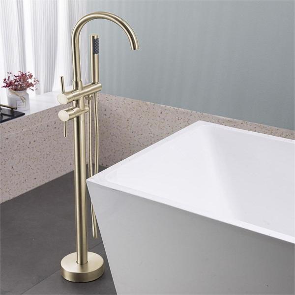 Floor Mount Bathtub Faucet Freestanding Tub Filler Brushed Gold Standing High Flow Shower Faucets with Handheld Shower Mixer Taps Swivel Spout