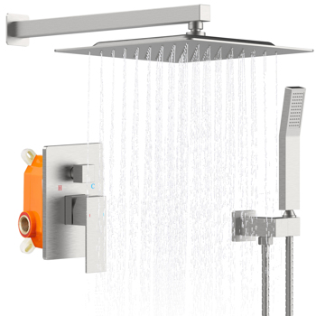 Shower System Shower Faucet Combo Set Wall Mounted with 12\\" Rainfall Shower Head and handheld shower faucet, Brushed Nickel Finish with Brass Valve Rough-In[Unable to ship on weekends, please place or