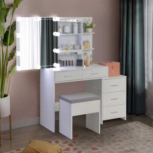 FCH Particleboard Triamine Veneer 5 Pumps 2 Shelves Mirror Cabinet Three Dimming Light Bulb Dressing Table Set White