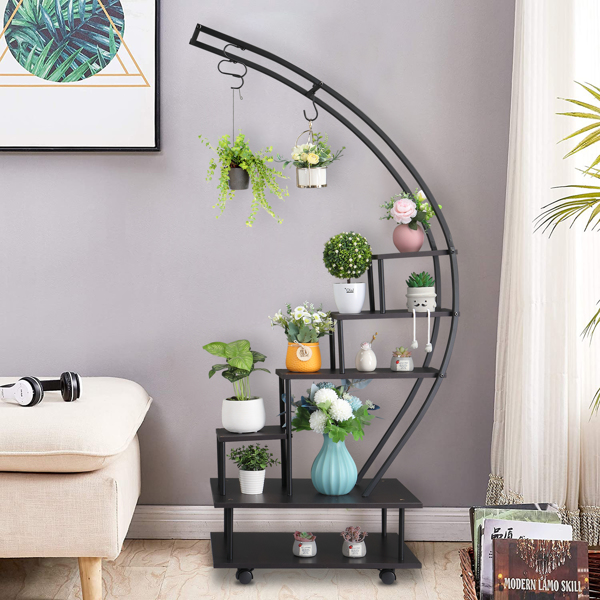  6 Tiers Semicircular Iron Wood With Wheels Iron Planter Black