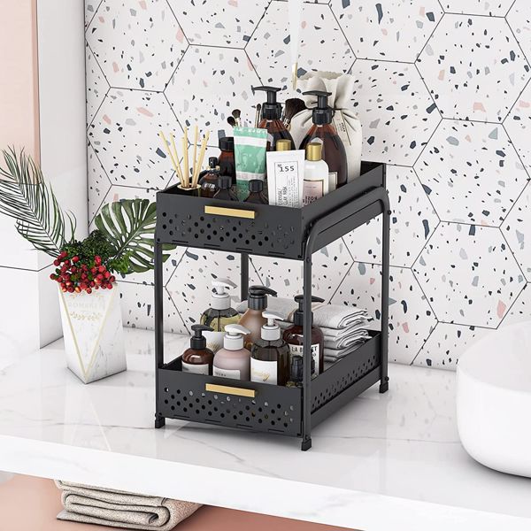 Double Under Sink Storage Rack Kitchen Under Counter Storage Rack Bathroom Under Cabinet Storage Rack Sliding Basket Storage Rack Cosmetic Storage Black