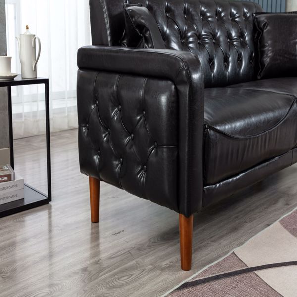 Black PU Leather Sponge Sofa, Indoor Sofa, Removable Wooden Feet, Tufted Buttons