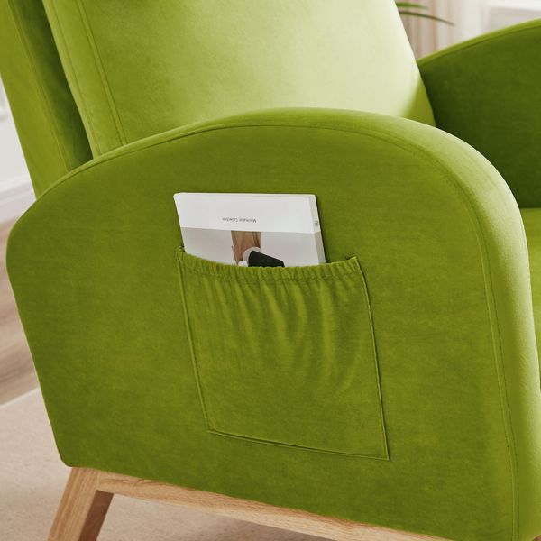 High Back Side Bag Flannelette Wood Indoor Rocking Chair Green