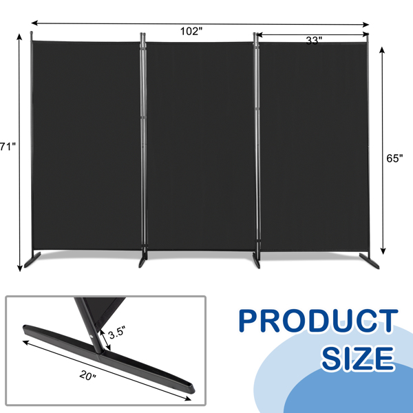 6FT Trifold 160g Polyester Fabric Plastic Foot Carbon Steel Frame Foldable Screen Black