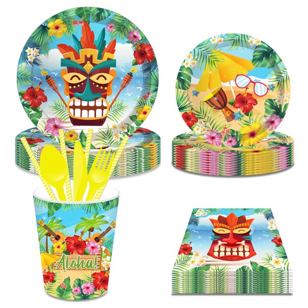 Hawaiian Paper Plates Birthday Party Leaf Flower Plates and Napkins Party Supplies Baby Shower Theme Cutlery Set Serves 8 Guests Dinnerware Kit Tableware for Plates, Napkins, Cup 68PCS