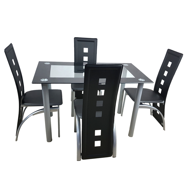 5 Pieces Dining Table Set for 4, Kitchen Room Tempered Glass Dining Table, 4 Chairs, Black，Table legs are silvery (Replacement code 82947862)
