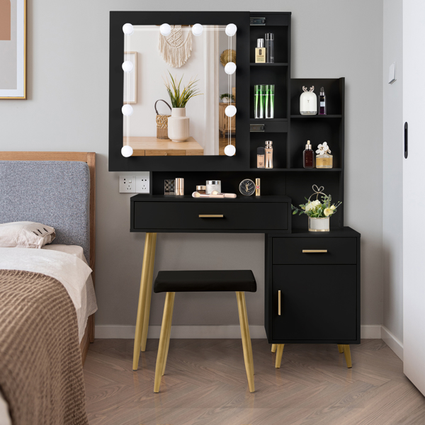  Particleboard Triamine Veneer 2 Drawers 1 Door 2 Shelves Mirror Cabinet 3 Light Bulbs Dressing Table Set Black