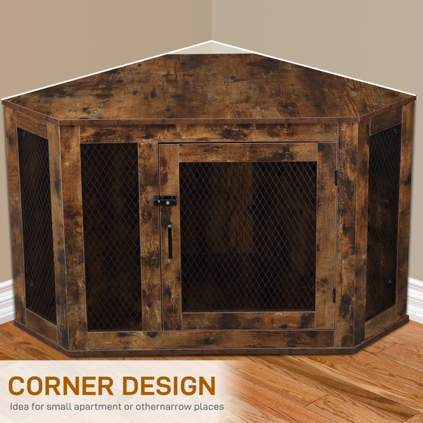 HOBBYZOO Furniture Corner Dog Crate, Lockable Doors, Dog Kennel with Wood and Mesh, Dog Crate for Small/Medium Dogs, Pet Crate Furniture, Dog House, Side End Table, Indoor Use, Rustic Brown