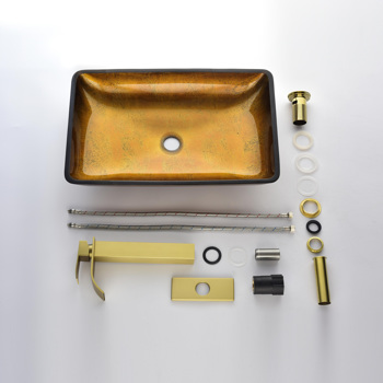 22.25\\" L -14.25\\" W -4.5\\" H Glass Rectangular Vessel Bathroom Sink in Gold  Set with gold Faucet and gold Pop Up Drain