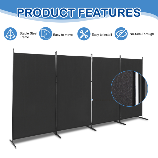 6FT 4-Fold 160g Polyester Fabric Plastic Foot Carbon Steel Frame Foldable Screen Black