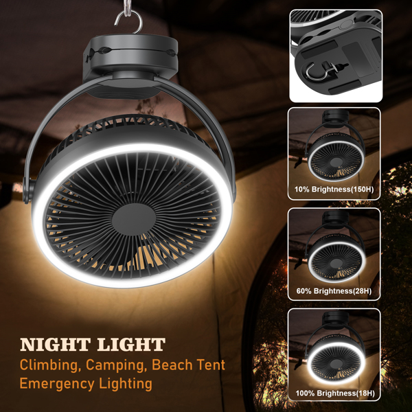 Battery Operated Clip on fan with Camping Lantern, 4 Speeds & Timer, 10000mAh Battery Operated Clip Fan for Bed, Outdoor Travel, Golf Cart - Black (Shipment from FBA)