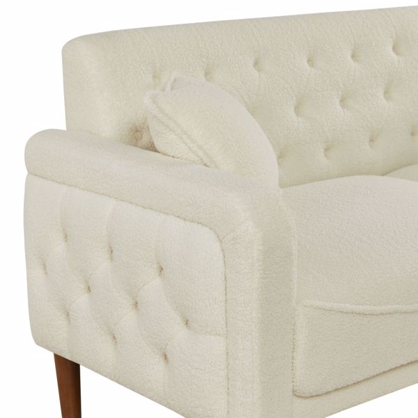 Beige Teddy Velvet Sponge Sofa, Indoor Sofa, Removable Wooden Feet, Tufted Buttons