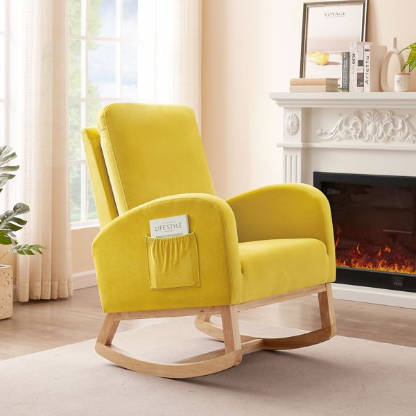 High Back Side Bag Flannelette Wood Indoor Rocking Chair Yellow