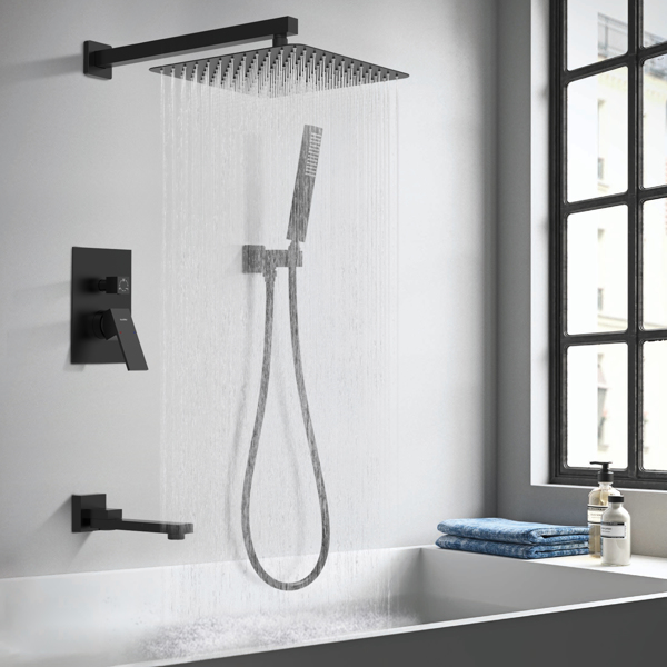 Male NPT Matte Black Shower System, 12 Inch Shower Fixtures Rain Shower Head with Handheld Shower Spray, Wall Mount Shower Faucet Set for Bathroom(Pressure Balance Shower Trim Valve Kit Included)