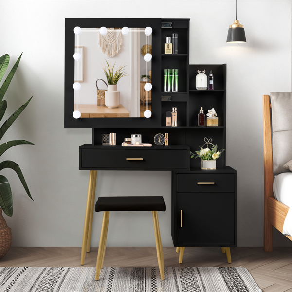  Particleboard Triamine Veneer 2 Drawers 1 Door 2 Shelves Mirror Cabinet 3 Light Bulbs Dressing Table Set Black