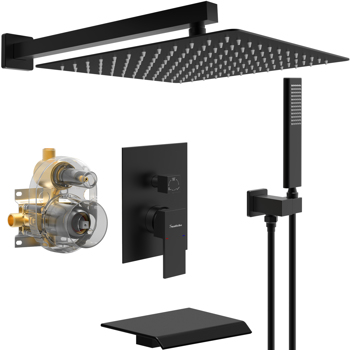 Male NPT Waterfall Tub and Shower Faucet Set, Suntisbo 10-Inch Matte Black Rain Shower System[Unable to ship on weekends, please place orders with caution]
