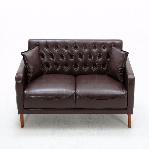 Brown PU Leather Sponge Sofa, Indoor Sofa, Removable Wooden Feet, Tufted Buttons