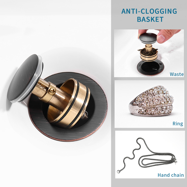 弹出式不锈钢排水管，带溢流防堵塞，用于容器水槽盥洗室洗手盆排水管，带有滤网篮，油布青铜【周末不发货，TK/TEMU订单仅支持自提】-3