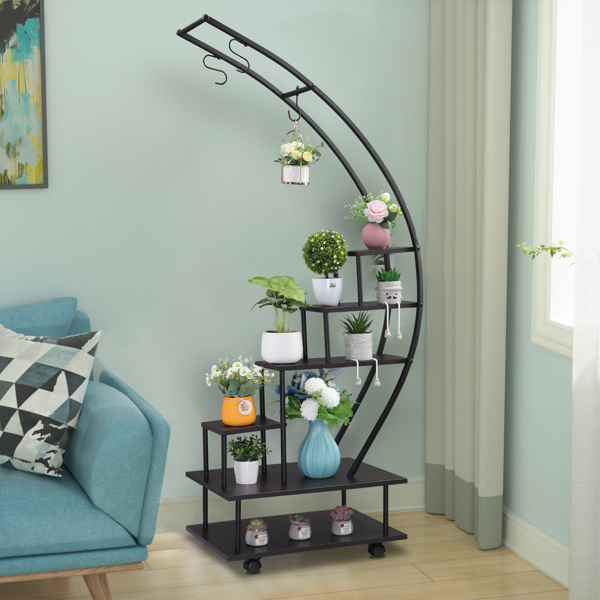 Artisasset 6 Tiers Semicircular Iron Wood With Wheels Iron Planter Black