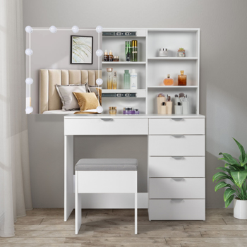   Particleboard Triamine Veneer 6 Pumps 2 Shelves Mirror Cabinet 3 Tone Light Bulbs Dressing Table Set White