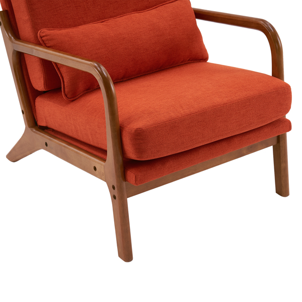 High Back Solid Wood Armrest Backrest Iron Frame Linen Indoor Leisure Chair Burnt Orange Color